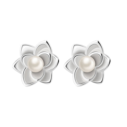 Hot Selling 925 Sterling Silver Lotus Shell Pearl Flower Rhodium Plated Women's Earrings Jewelry