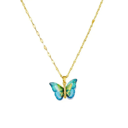 AA016595 Women's Fashion Stainless Steel Lip Chain Elegant Gold Foil Gradient Color Butterfly Necklace Daily Life