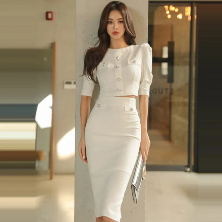 New Spring Autumn 2 Pieces Outfits Women Temperament Formal White Sexy O-Neck Cropped Tops Shirt High Waist Midi Skirt Mujer Set