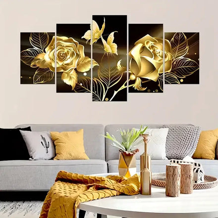 Custom 5pcs Wooden Framed Modern Art Black and Golden Rose Canvas Poster and Print for Bedroom Living Room Wall Art Decor