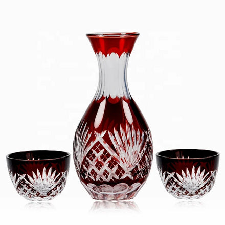 Japanese Style Edo Kiriko Classic Japanese Style Red Color Sake Bottle Set Glass Decanter with Small Glass Cup
