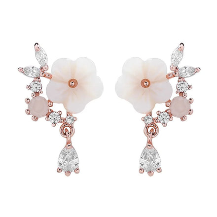 New Pink Flash Diamond Zircon Small and Sweet Shell Flower Earrings for Women