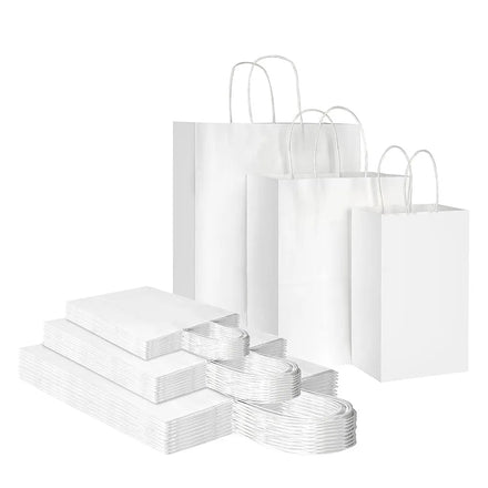 White Kraft Paper Gift Wrap Bags with Handles Bulk for Favors Grocery Birthday Business Craft Merchandise Take Out Sacks