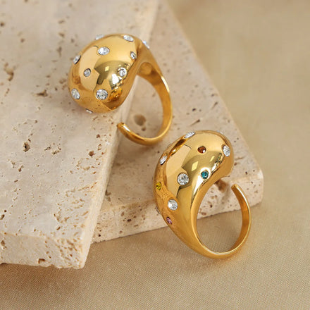 Ins Popular Chic Chunky Diamond Ring Stainless Steel Water Drop Open Cubic Zirconia Rings 18k Gold Plated Jewelry for Women