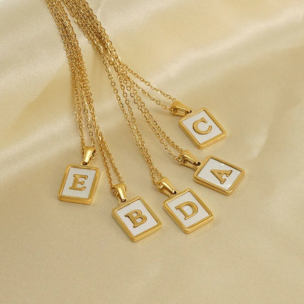 DAIHE Fashion 18K Gold Letter Necklace Stainless Steel Square Initial A-Z Letter Pendant Natural Shell Necklace