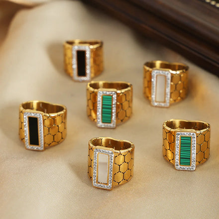 Chic Minimalist Cubic Zirconia White Turquoise Finger Ring Honeycomb Non Tarnish Stainless Steel Gold Plated Chunky Large Ring