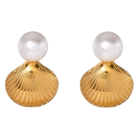 Fashion Temperament Cute 18k Gold Stainless Steel Inlaid Pearl Shell Stud Earrings Unisex Jewelry Party Wholesale Customized