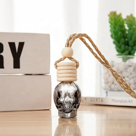8ml Gradient Black Skull Head Shaped Air Freshener Diffuser Empty Glass Bottle Car Fragrance Pendant With Wooden Cap