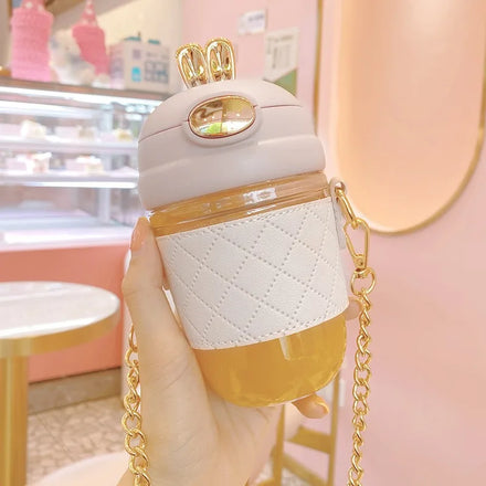 Unisex 380ml/580ml Rabbit Ear Glass Water Bottle Portable Metal Chain Strap Straw Pearls Cute INS Style Girls/Kids Travel Cup