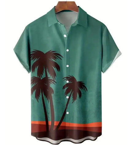 Hawaiian Style Coconut Tree Print Loose Short Sleeved Men's Shirt Summer Loose Beach Shirts