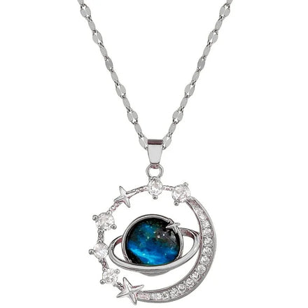 Gold Plated Titanium Steel Starry Planet Zircon Full Diamond Necklace for Women Stainless Steel Jewelry Charm