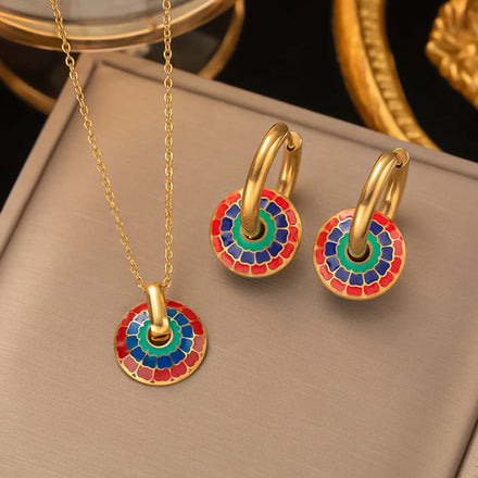 Reteo Drip Oil Round Compass Gold Plated Stainless Steel Inoxydable Pendant Necklace and Earrings Jewelry Set for Women