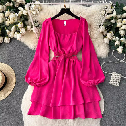 One Size Pure Desire Spicy Girl square Neck Dress Summer Off Waist Bubble Sleeve Dress