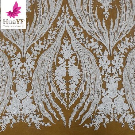 HY2461 Popular White Beaded Bridal Lace With Sequins for Women Wedding Dress Fabric