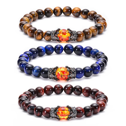 Handmade Fashion Crown Bracelet with Tiger Eye and Volcano Stone Matte Elastic Rope Natural Beaded Bracelet for Gift