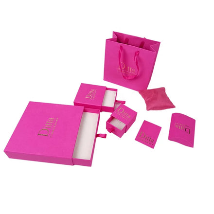 Custom Rose Pink Rectangle Sliding Drawer Gift Box Leather Exterior Foam Velvet Lining Paper Bag Included for Necklace Jewelry