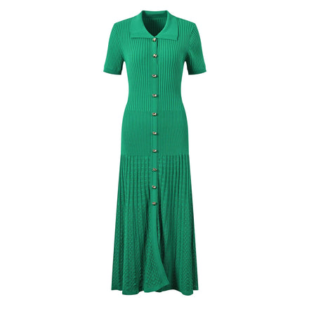 2024 Spring Summer French Style Women Knitted Short Sleeve Single-breasted Polo Neck Ladies Fashion Maxi Long Solid Dresses