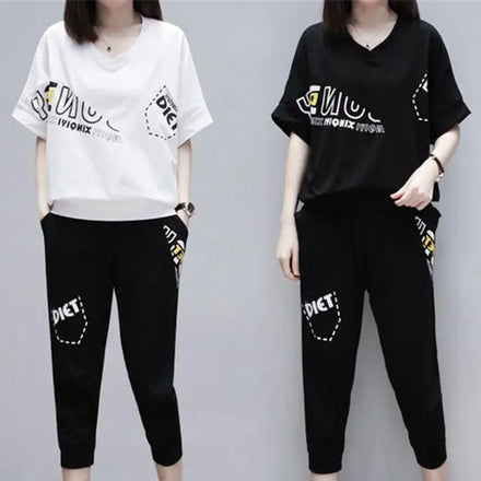 M-4XL Summer New Korean Large Two Piece Set Fashionable Running Sportswear Short Sleeved T-shirt and Cropped Pants Set