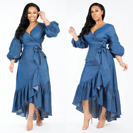 S-XXL Plus Size Summer Long Denim Maxi Dress Women Jean Ladies Long Sleeve Casual Backless Dresses
