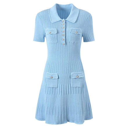 Vintage Elegant Style 2025 Spring Lady Turn-down Collar Short Sleeve Women Knit Sequin Sheath Flounced Short Dress