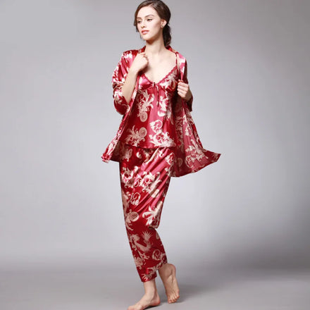 Luxury Printed Pajama Sets and Long Robe Three Pcs Set Home Wear Satin Silk Fabric Red / Azul/ Camel Color Pajamas Set