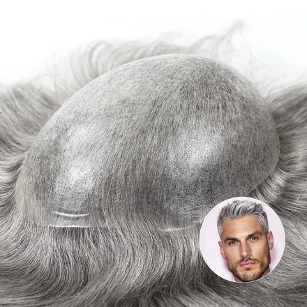 Hand-Injected 0.06mm Thin Skin Pu Toupee Knotless Hairline Realistic Scalp Looking 8-inch Long Hair Replacement System for Men
