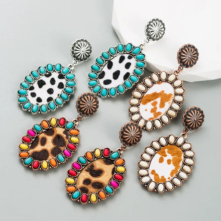 Western Style Colorful Turquoise Bead Leather Earrings for Gift