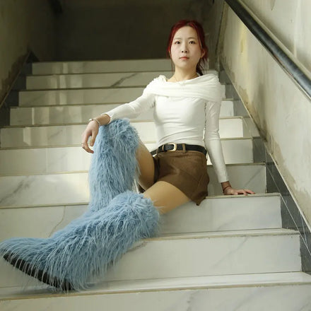 Wholesale Spring Winter Summer Soft Long Plush Fur pink Thigh High Fur Boots Women