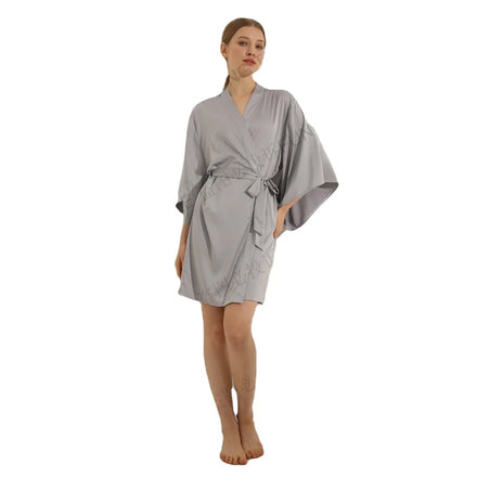 FUNG 6055 Ladies's Luxury Satin Bathrobe with V-neck & Elastic Waist Minimalist Design Personalized Belts for Women