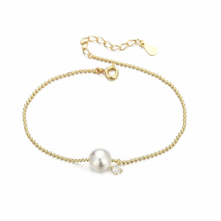 925 Sterling Silver Pearl Round Bead Bracelet 18K Gold Plated Pearl Bracelet Jewellery for Women