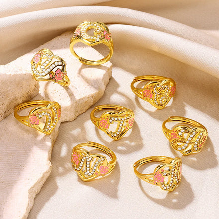 Dropped Oil Color Initial Letter Ring A-Z Open brass Zircon Stone Women's Adjustable Ring