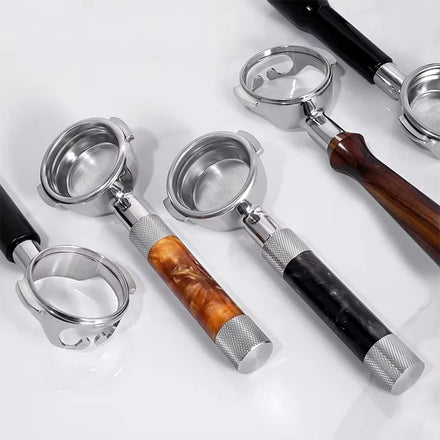 2024 Eco-Friendly OEM 58mm Wooden Handle Naked Stainless Steel Bottomless Espresso Coffee Portafilter Own Private Mold