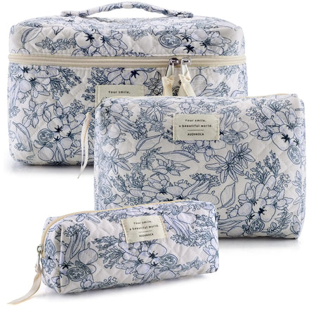 Qetesh 3Pcs Cosmetic Bags for Women Travel Toiletry Bag Cotton Large Floral Travel Makeup Organizer Bag