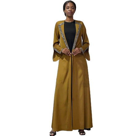 2023 Plain Color Rhinestone Suit Collars Open Long Style Slit Cuff Elegant Dubai Muslim Women Abaya