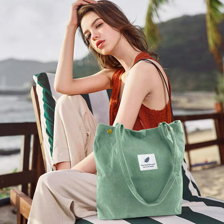 Qetesh Wholesale Low Price Shopping Shoulder Bag Large Capacity Fashion Design Solid Color Corduroy Tote Bag for Women