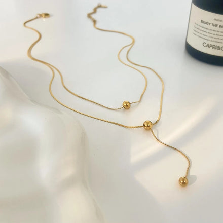 Double Layered Round Bead Pendant Necklace Tassel Collarbone Chain Stainless Steel Gold-plated Fashion Jewelry