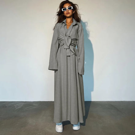 Summer Fall Fashionable Casual Clothes Plain Grey Tank Dress And Long Sleeve Shirt Women Outfits Two Piece Set Clothing