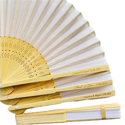 Cheap White Paper Hand Fan for Weddings Carved Bamboo Souvenir Gift for Guests with Personalized Names and LOGO