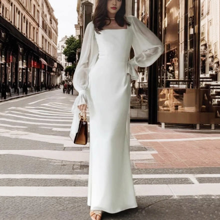 Enyami Feminine Romantic Elegant Long Sleeve Sexy Sleek Draped White Party Maxi Party Slim Fit Mermaid Women Dress