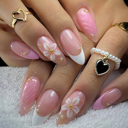 24 Pcs French Style 3D Romantic 4352 Art Acrylic Press on Nails Artificial Fingernails Customize False Nails for Dating Party