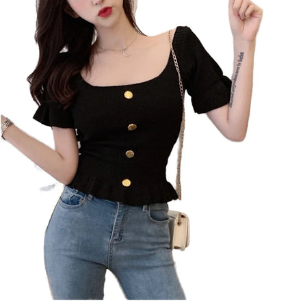 Wholesale Puff Sleeves square Collar Crop Top Knitwear Short Sleeve Women Knitted Sweater With Buttons for Summer Knitwear