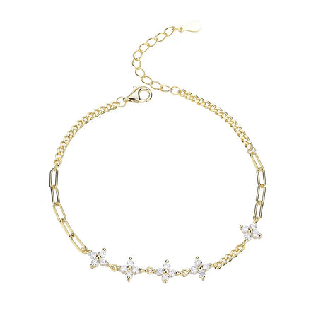 Pure 925 Sterling Silver Jewelry 18K Gold Plated Four Leaf Clover Chain Bracelet for Women