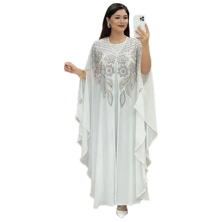 Plain Chiffon Rhinestone Pearls Flower Pattern Decoration Slit Cuff Free Size Inner Dress Sets Jalabiya for Eid Ramadan Women