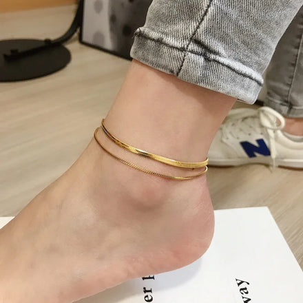 Minimalist Fashion Double Layers Anklet Snake and Box Chain 18k Gold Plated Waterproof Stainless Steel Anklet Woman