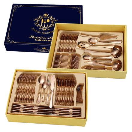 Luxury Customized Color 72pcs 84pcs Europe Style Gold Inlay Stainless Steel Cutlery Set Gift Box Mirror Polished Microwave