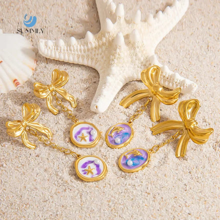SUMMLY Vintage Trend Wholesale Personalized 18K Gold Plated Stainless Steel Pendant Earrings Bow Tie Styling Fashion Jewelry