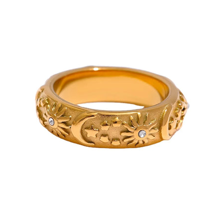 Women's Trendy Waterproof Stainless Steel Celestial Ring 18K Gold PVD Plated Sun Moon Star Jewelry 2024 Collection