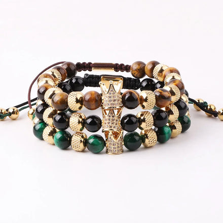 New Design Natural Stone Crown Bracelet Tiger Eye Beaded Custom Logo Macrame Adjustable Bracelet JBS12648