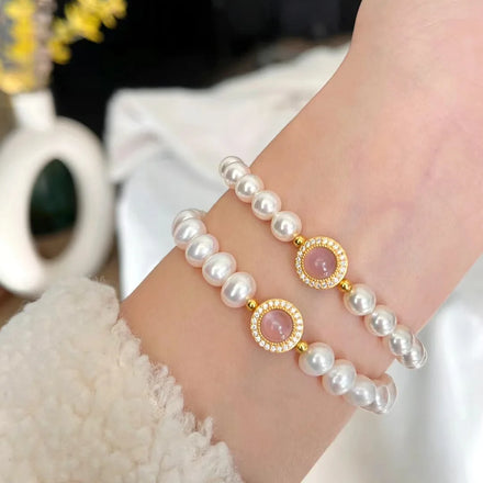 Handmade Women's Pink Pearl Bracelet 18K Gold-Plated Classic Style Unisex Wedding Party Engagement Also Great Children's Gifts
