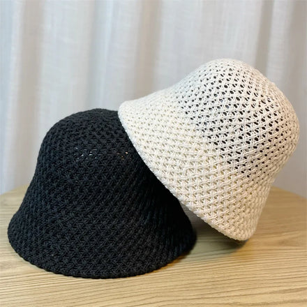 2024 Straw Floppy Top Summer Foldable Dome Bucket Hat Hollow Out Plain Beach Caps Handmade Crochet Soft Women Hat